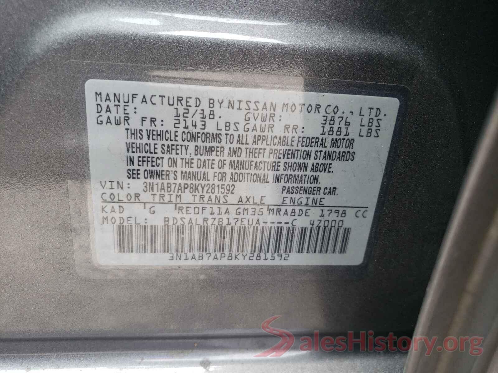 3N1AB7AP8KY281592 2019 NISSAN SENTRA