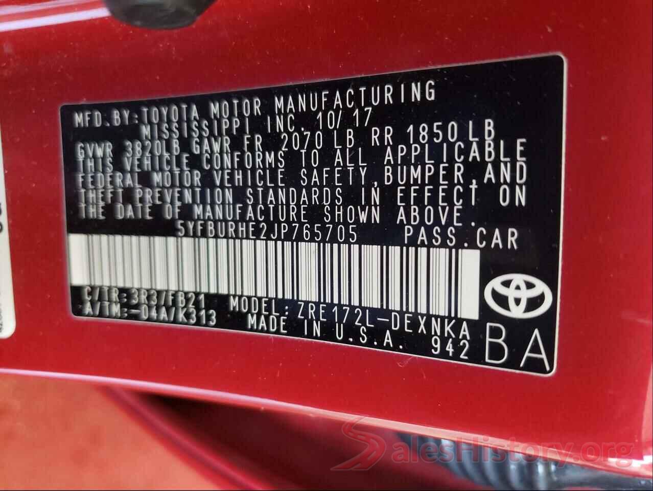 5YFBURHE2JP765705 2018 TOYOTA COROLLA