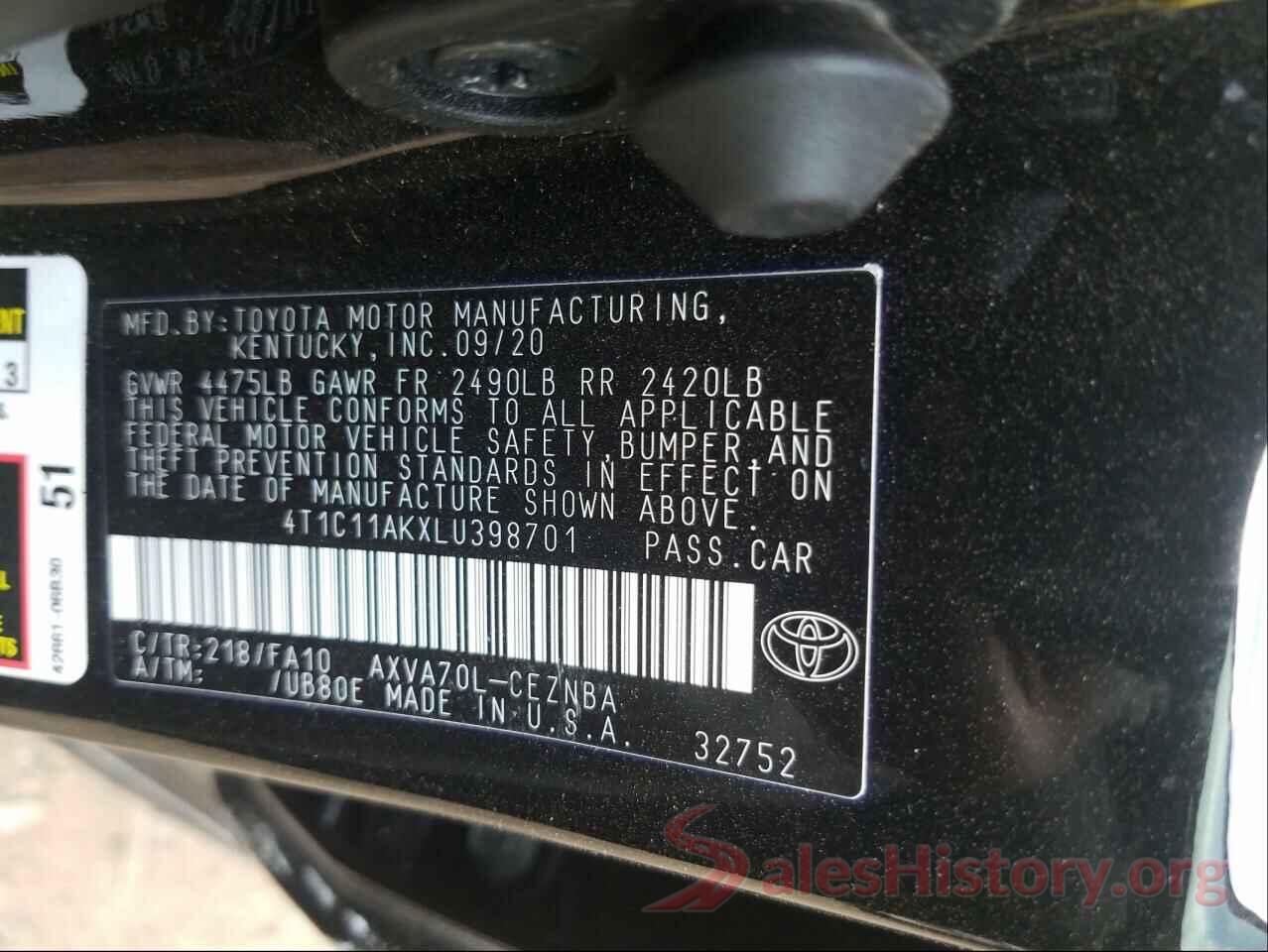 4T1C11AKXLU398701 2020 TOYOTA CAMRY