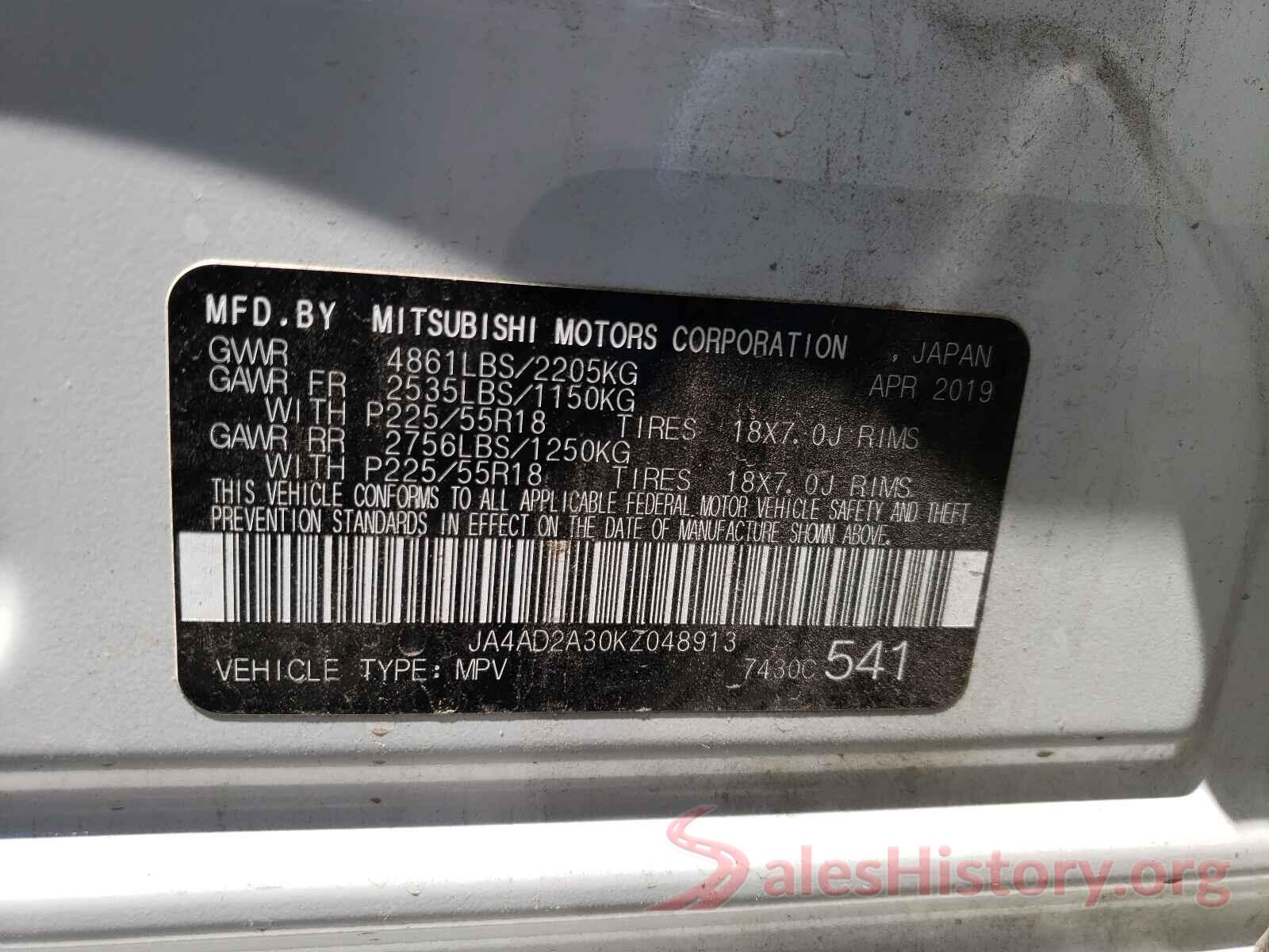 JA4AD2A30KZ048913 2019 MITSUBISHI OUTLANDER