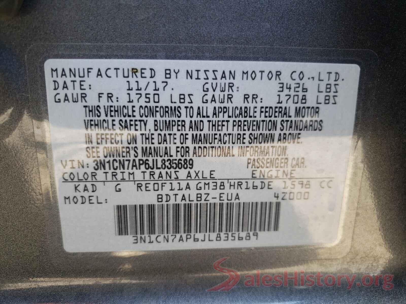 3N1CN7AP6JL835689 2018 NISSAN VERSA