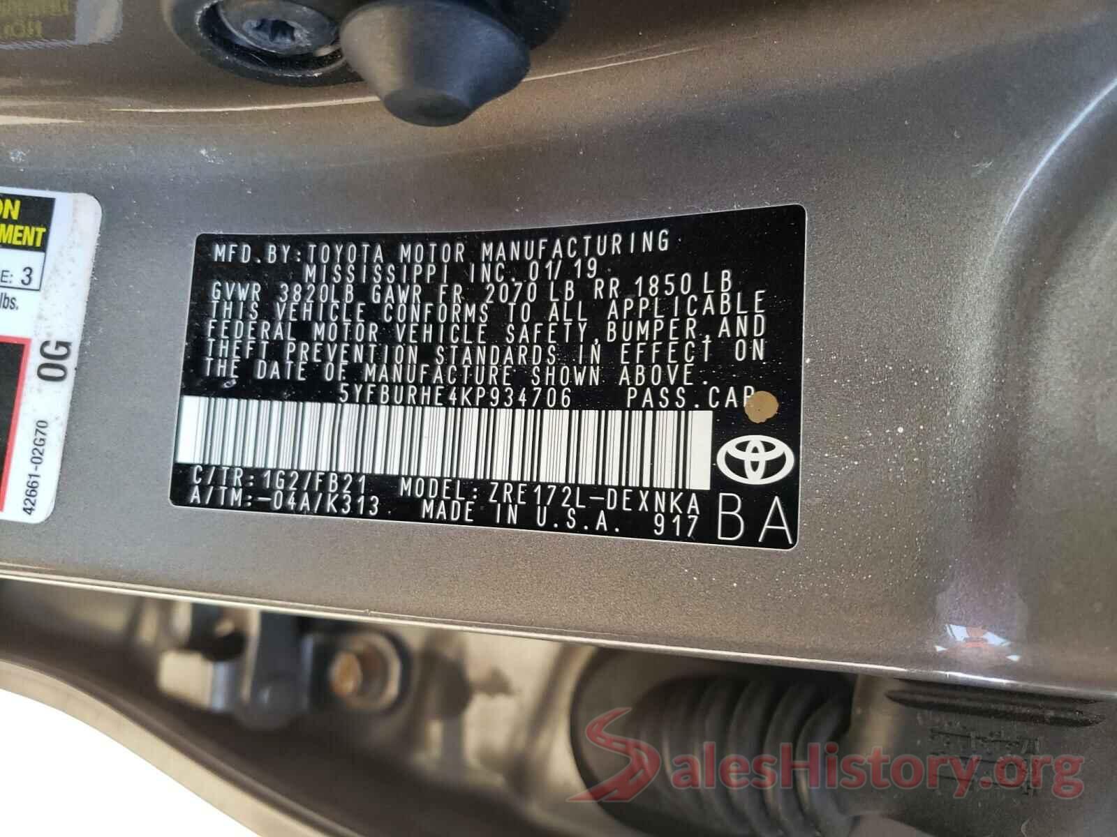 5YFBURHE4KP934706 2019 TOYOTA COROLLA