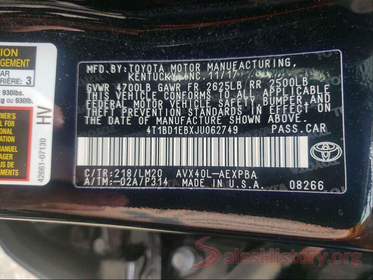 4T1BD1EBXJU062749 2018 TOYOTA AVALON