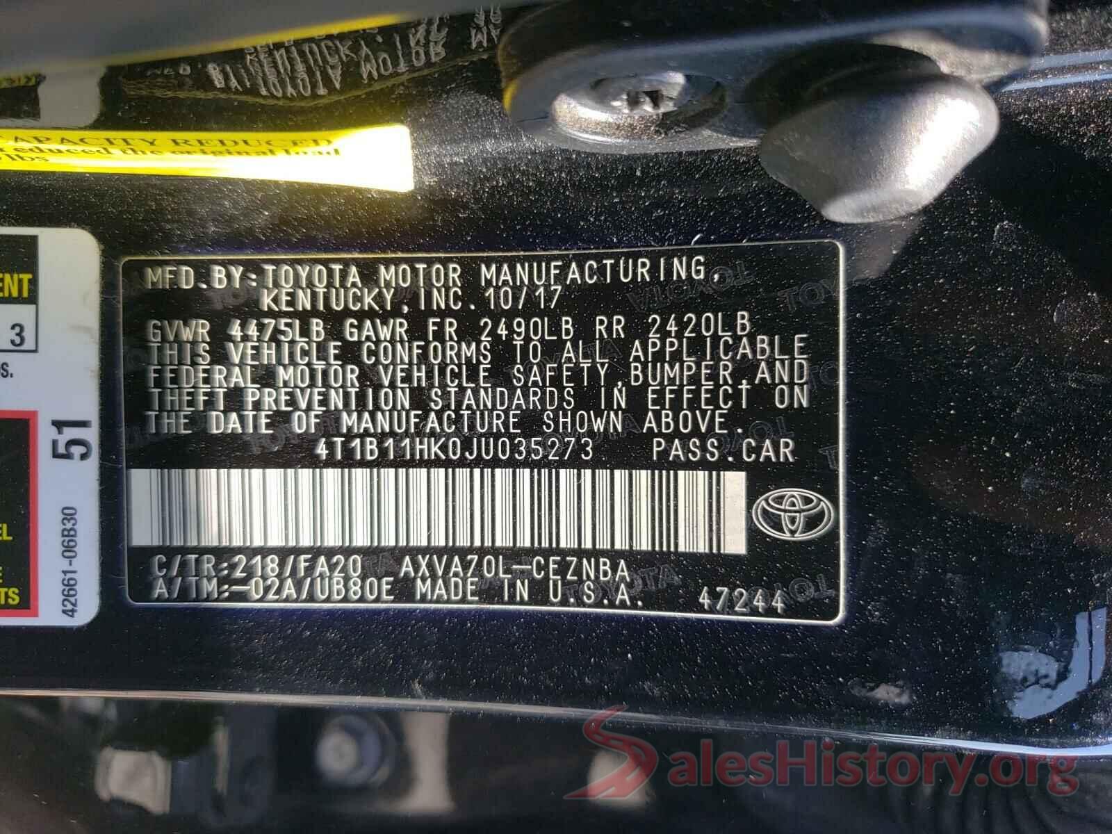 4T1B11HK0JU035273 2018 TOYOTA CAMRY