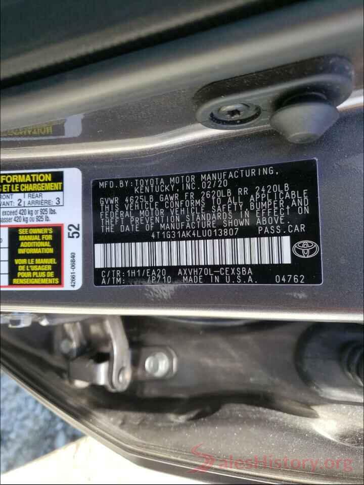 4T1G31AK4LU013807 2020 TOYOTA CAMRY