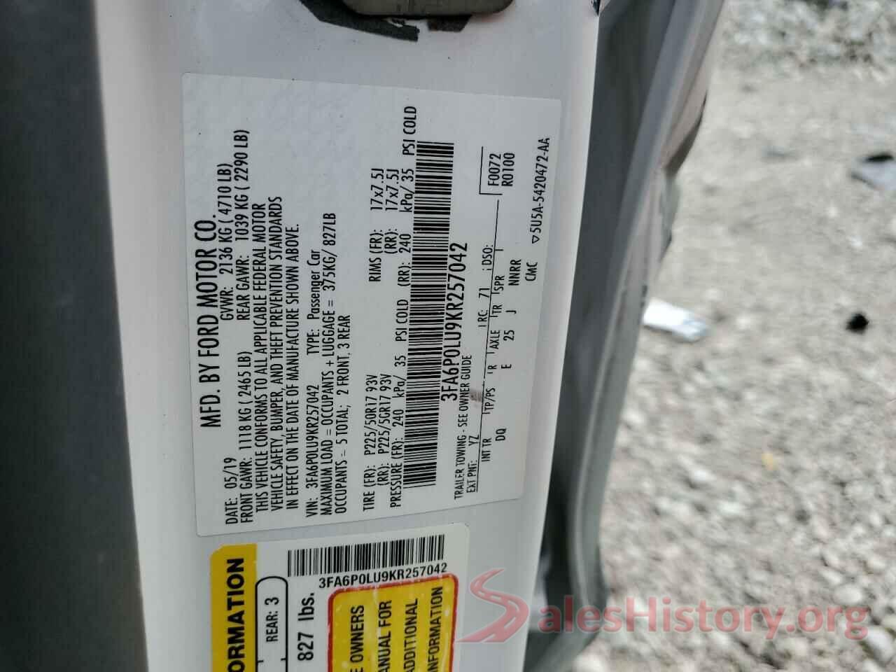 3FA6P0LU9KR257042 2019 FORD FUSION