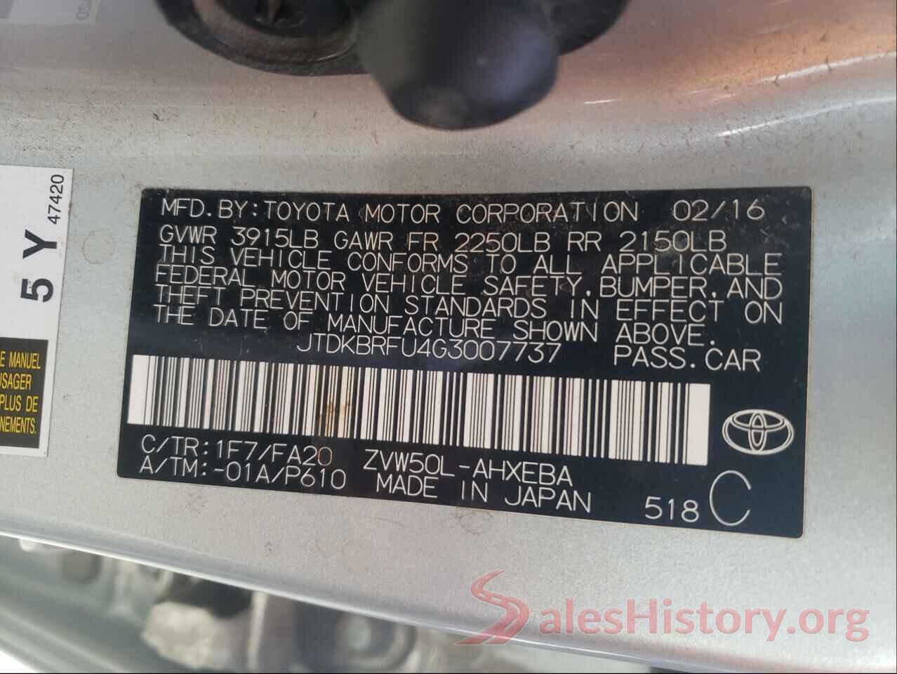 JTDKBRFU4G3007737 2016 TOYOTA PRIUS