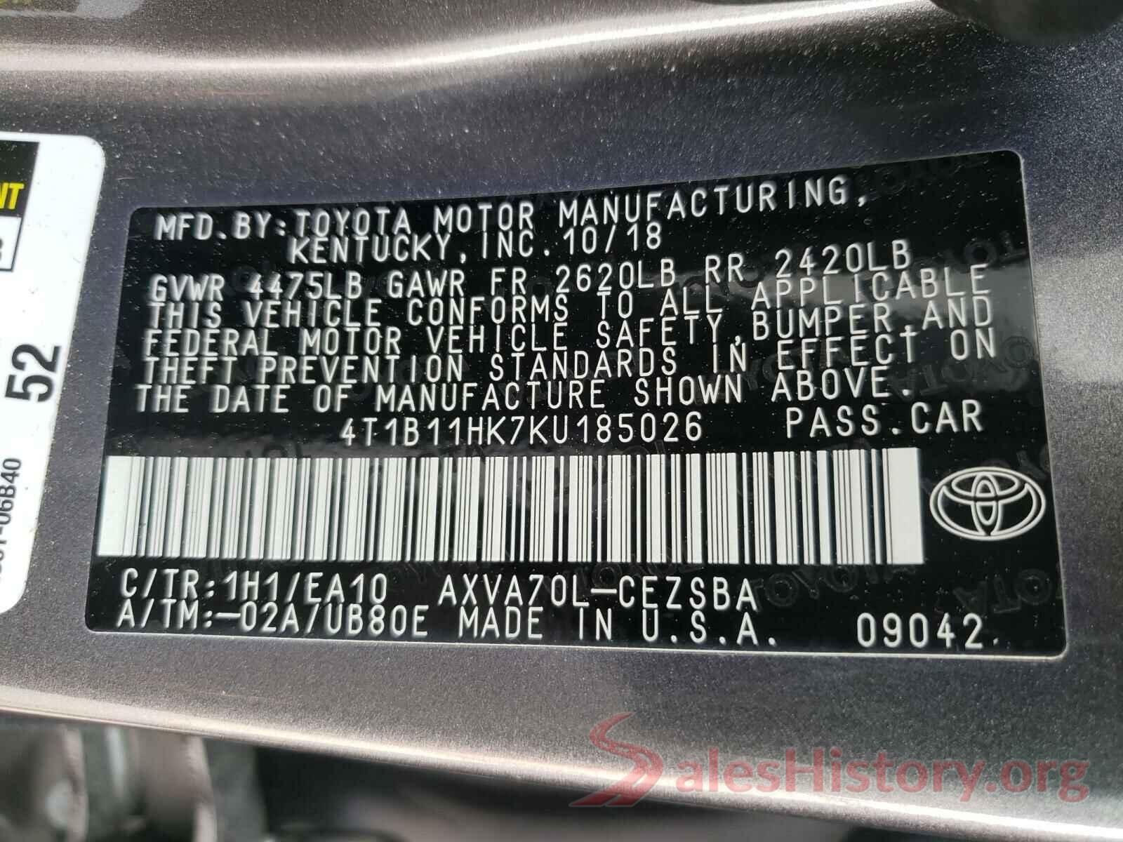 4T1B11HK7KU185026 2019 TOYOTA CAMRY