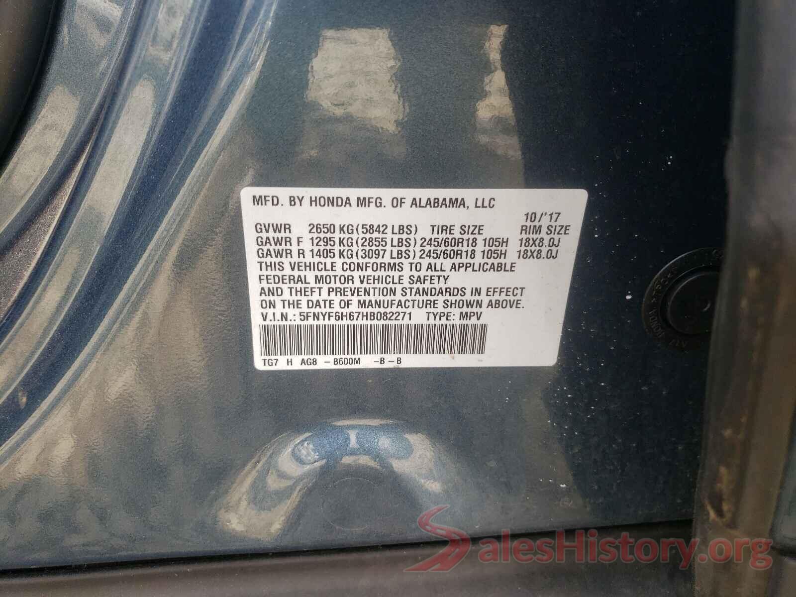 5FNYF6H67HB082271 2017 HONDA PILOT