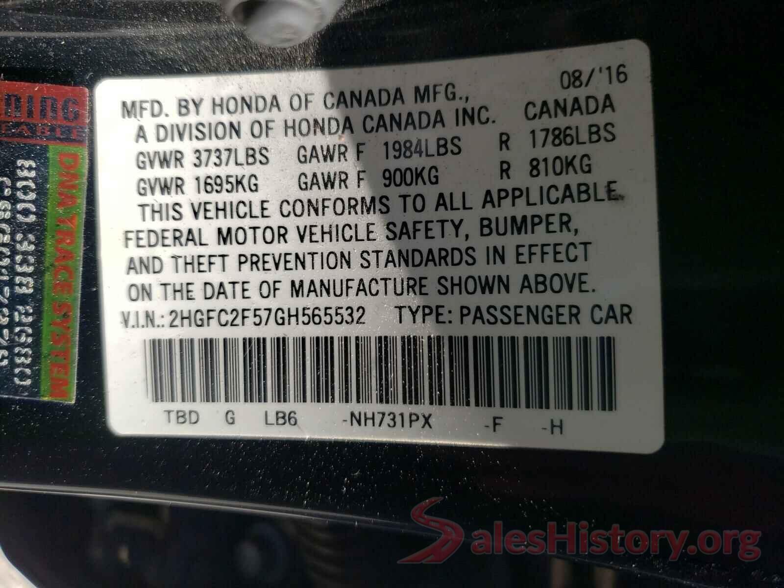 2HGFC2F57GH565532 2016 HONDA CIVIC