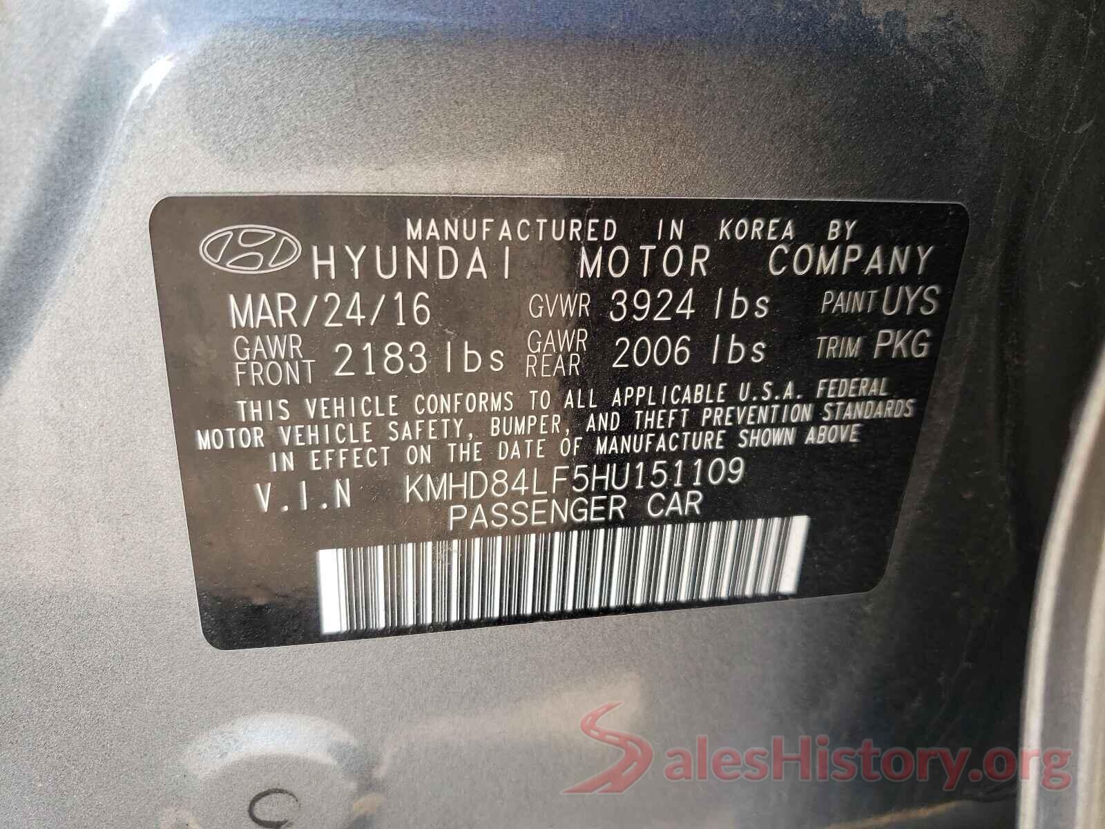 KMHD84LF5HU151109 2017 HYUNDAI ELANTRA