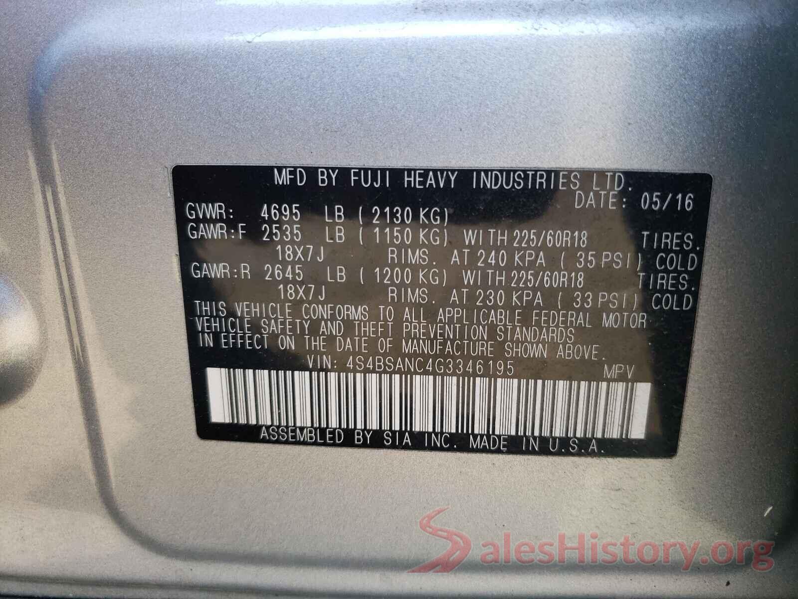 4S4BSANC4G3346195 2016 SUBARU OUTBACK