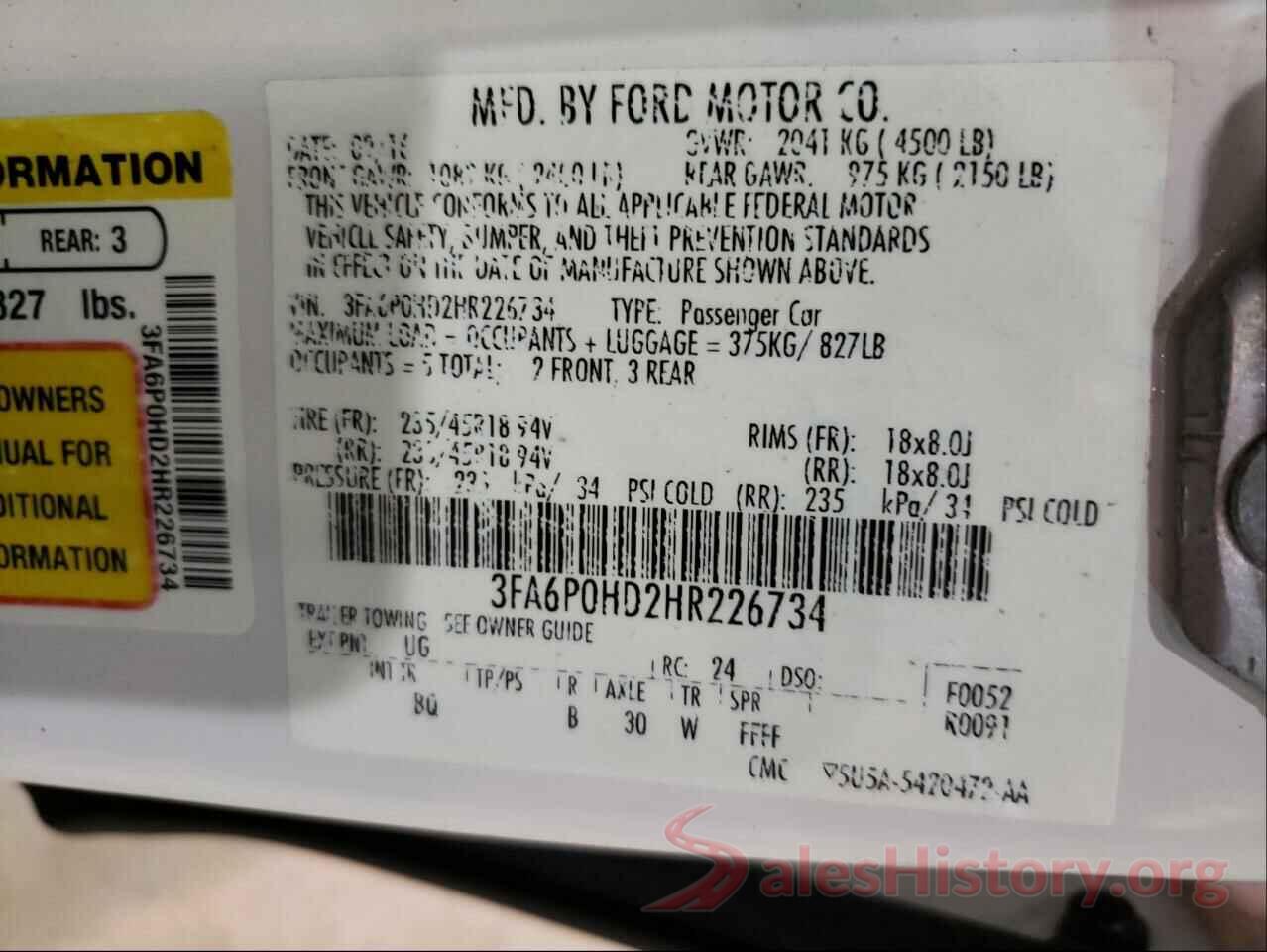 3FA6P0HD2HR226734 2017 FORD FUSION