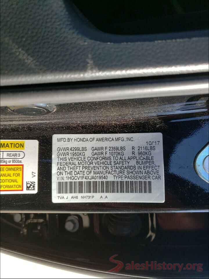 1HGCV1F4XJA019540 2018 HONDA ACCORD