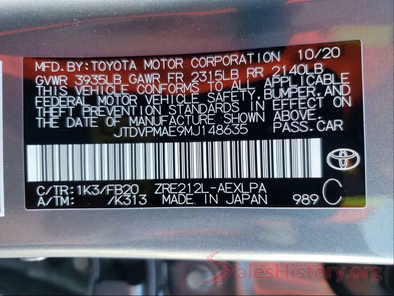 JTDVPMAE9MJ148635 2021 TOYOTA COROLLA