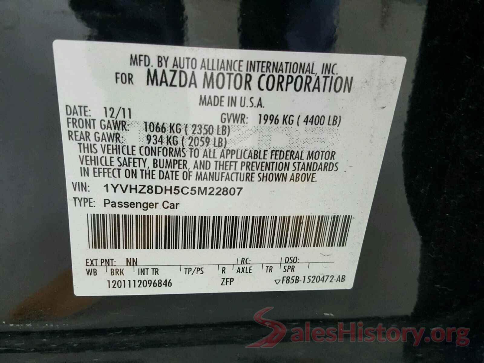 1YVHZ8DH5C5M22807 2012 MAZDA 6