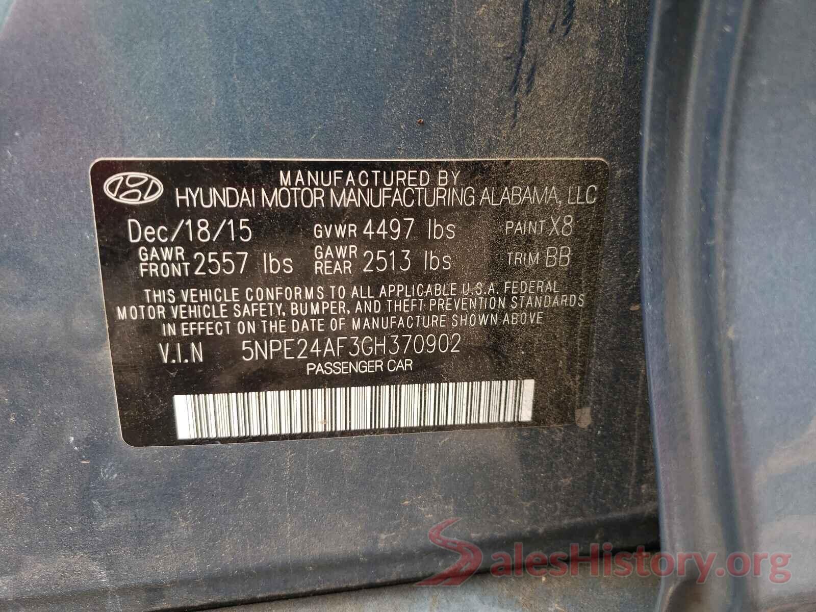 5NPE24AF3GH370902 2016 HYUNDAI SONATA