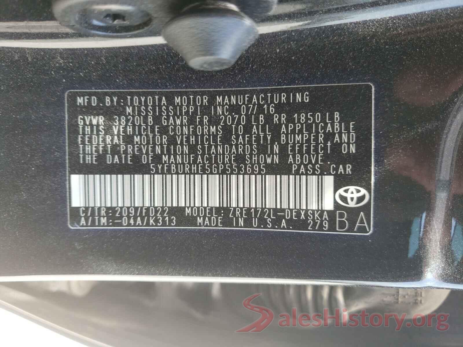 5YFBURHE5GP553695 2016 TOYOTA COROLLA