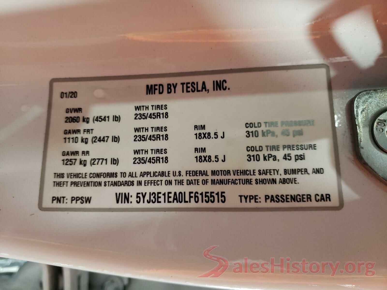 5YJ3E1EA0LF615515 2020 TESLA MODEL 3