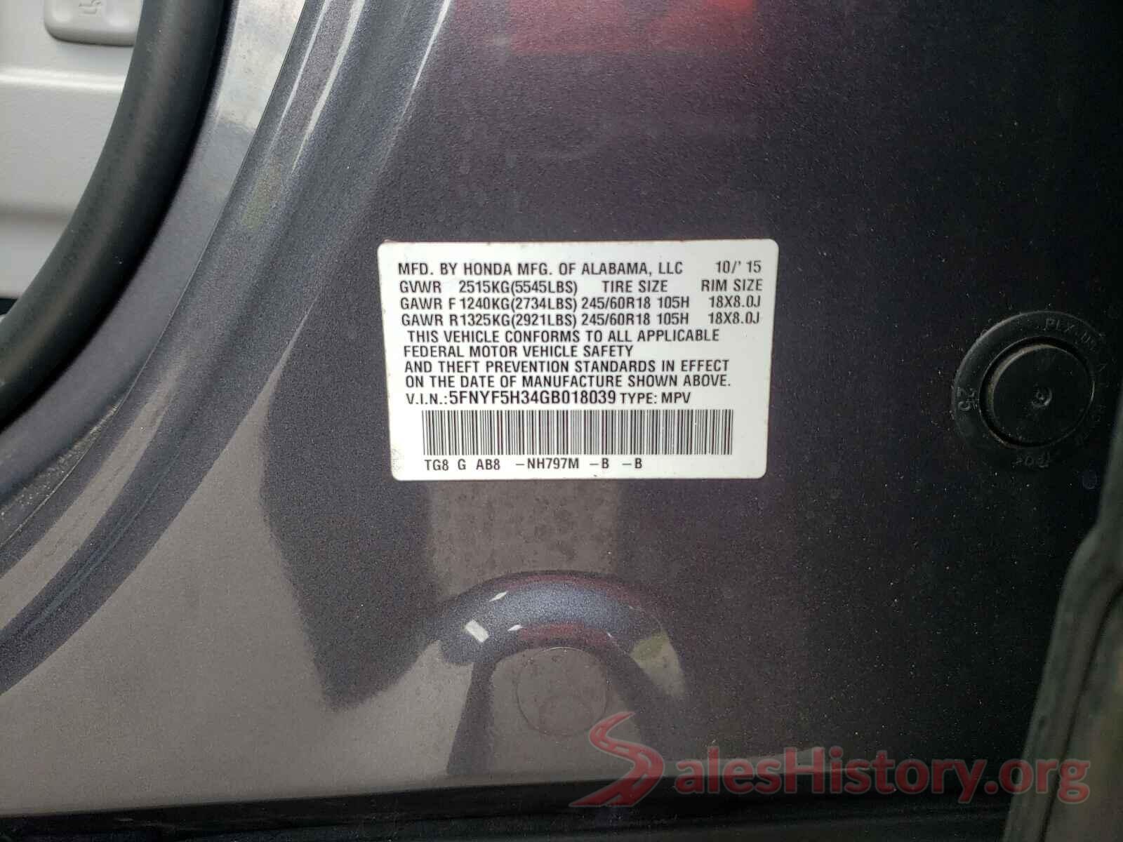 5FNYF5H34GB018039 2016 HONDA PILOT