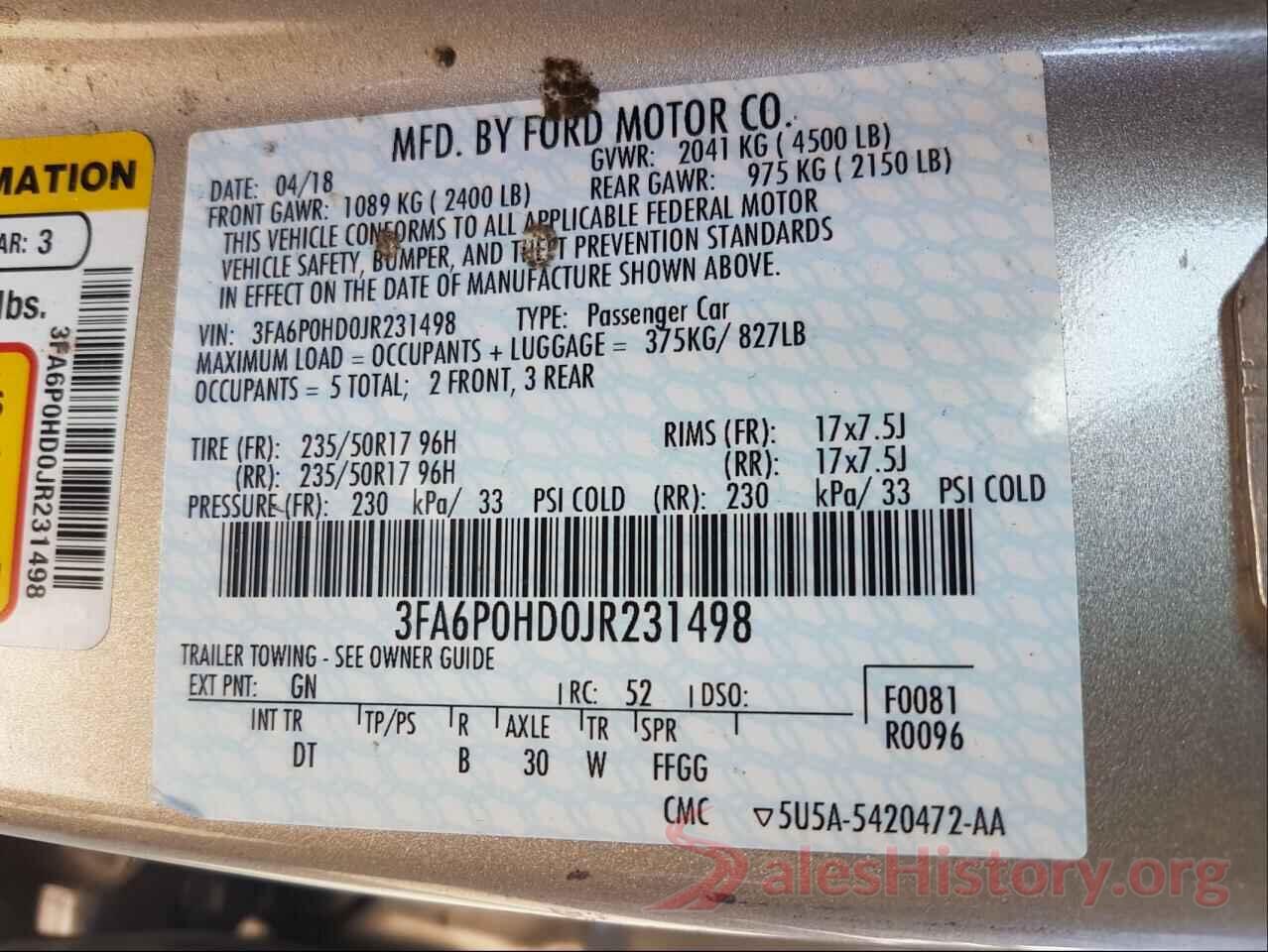 3FA6P0HD0JR231498 2018 FORD FUSION