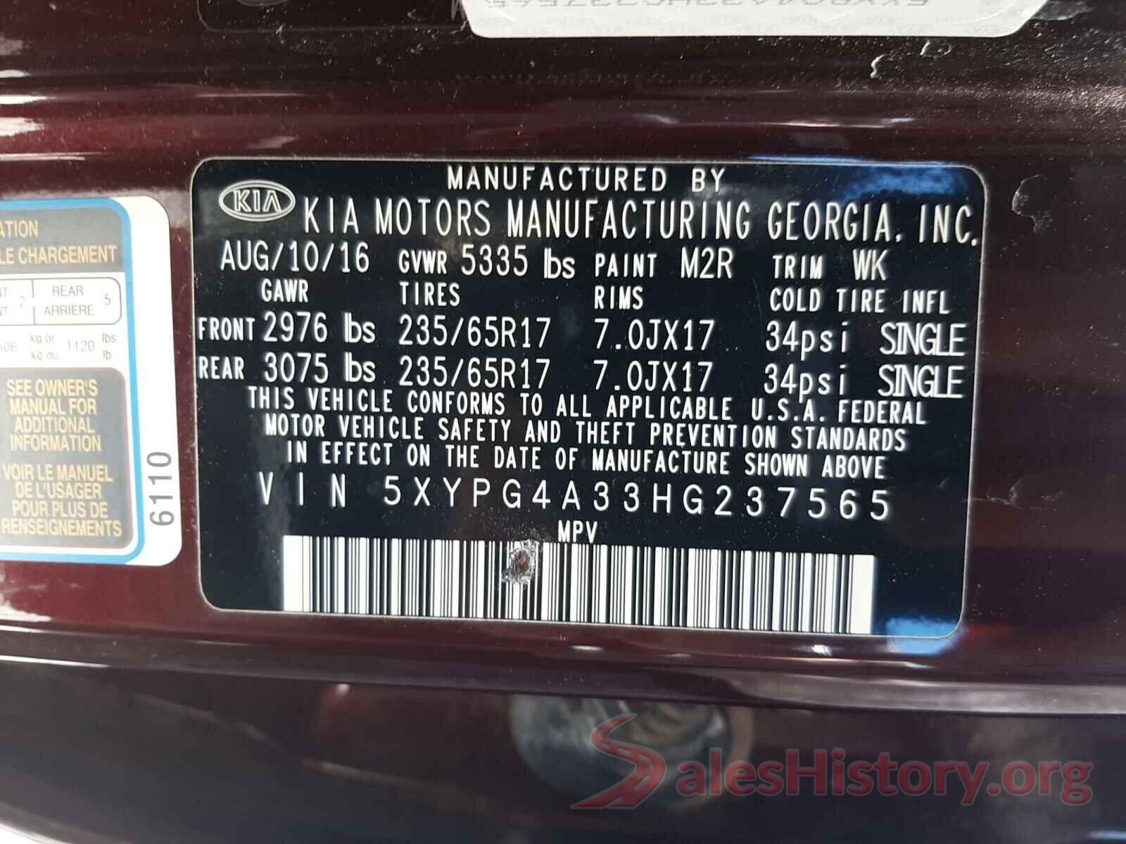 5XYPG4A33HG237565 2017 KIA SORENTO