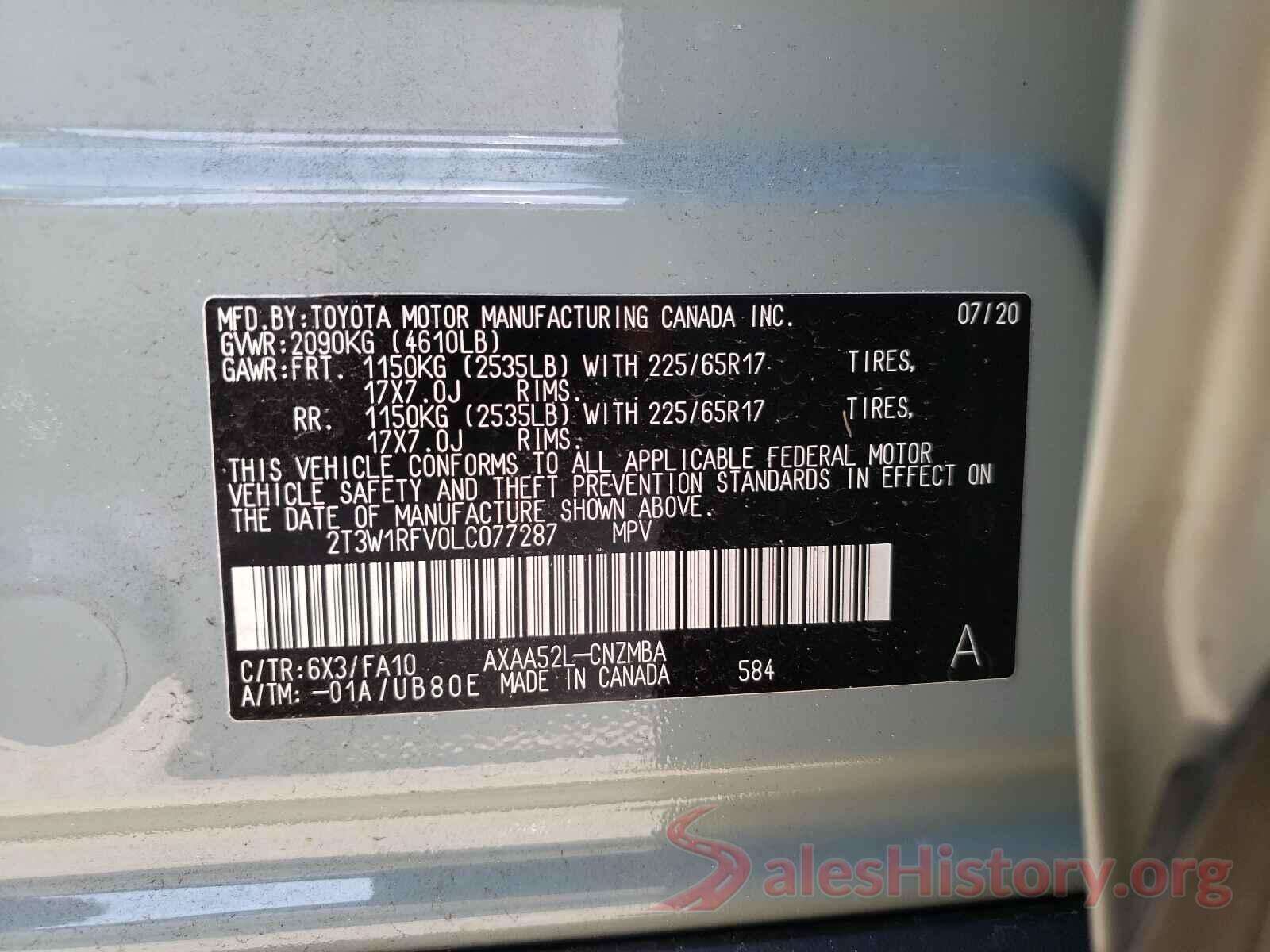 2T3W1RFV0LC077287 2020 TOYOTA RAV4