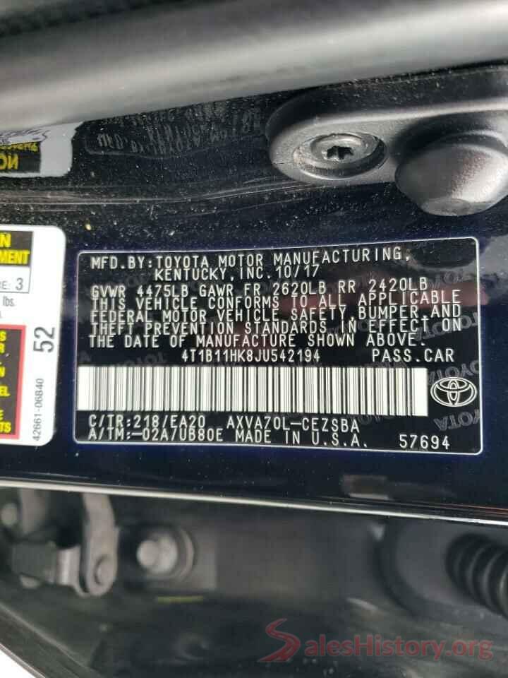 4T1B11HK8JU542194 2018 TOYOTA CAMRY