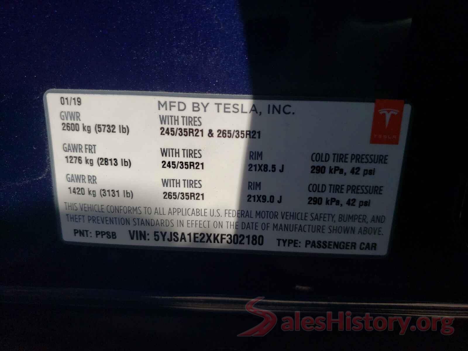 5YJSA1E2XKF302180 2019 TESLA MODEL S