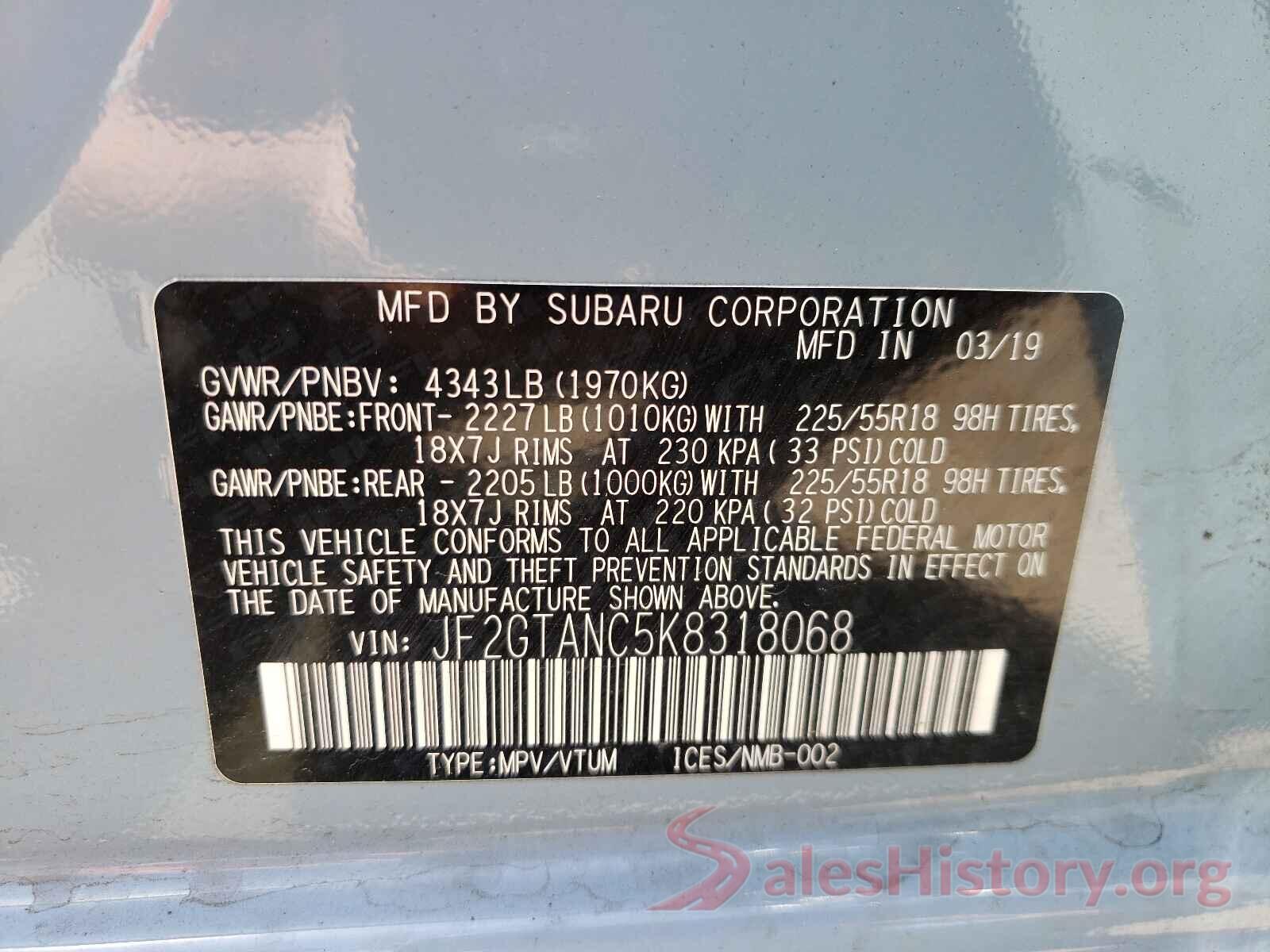 JF2GTANC5K8318068 2019 SUBARU CROSSTREK