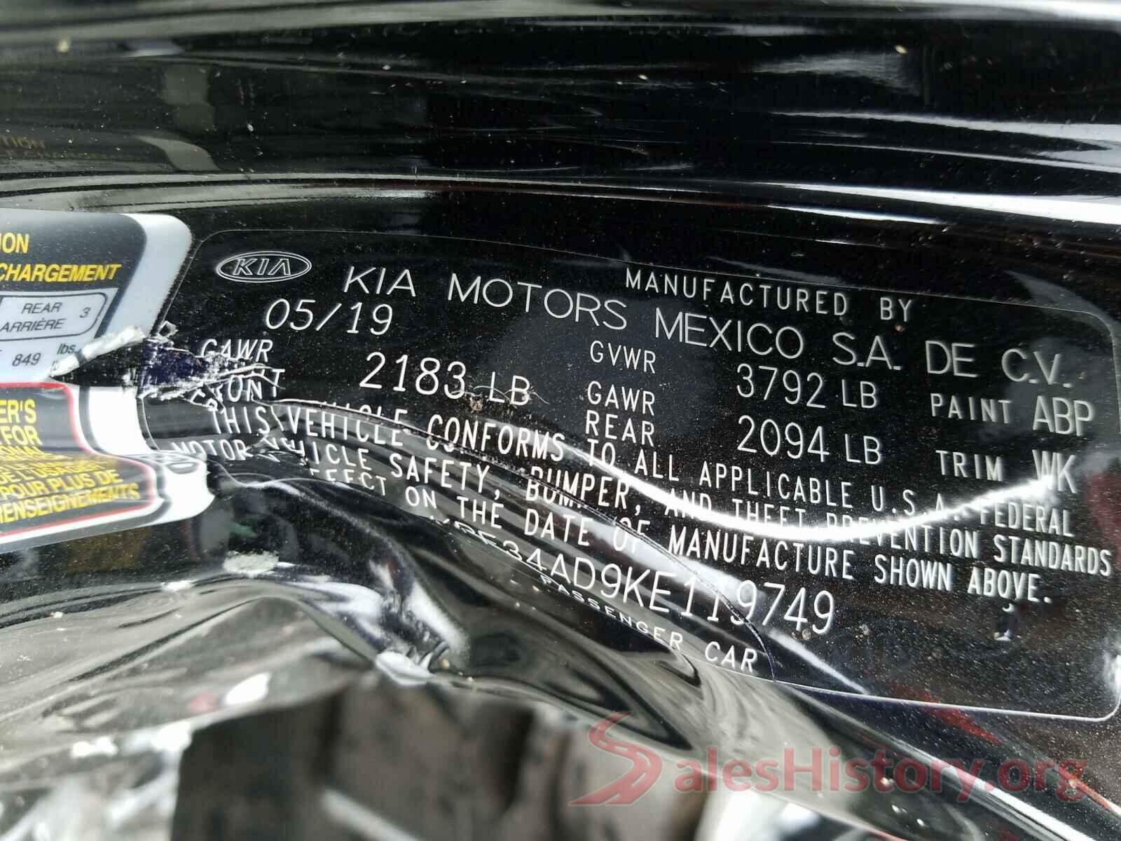 3KPF34AD9KE119749 2019 KIA FORTE