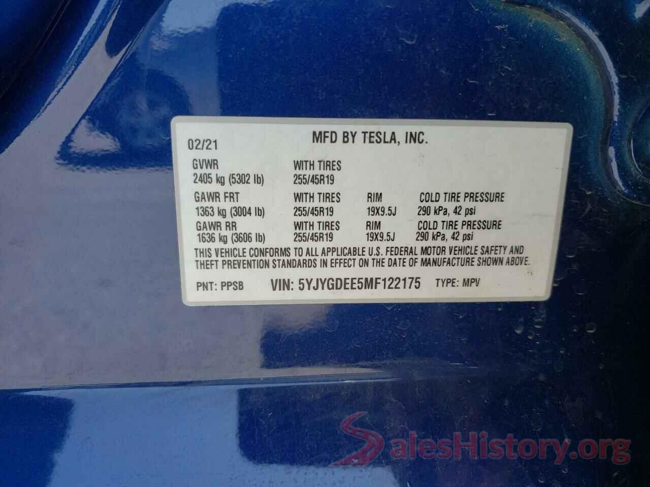 5YJYGDEE5MF122175 2021 TESLA MODEL Y