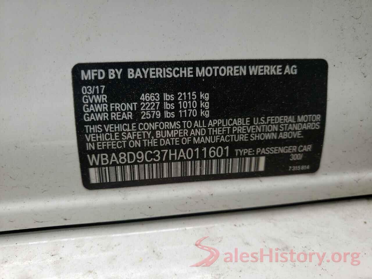 WBA8D9C37HA011601 2017 BMW 3 SERIES