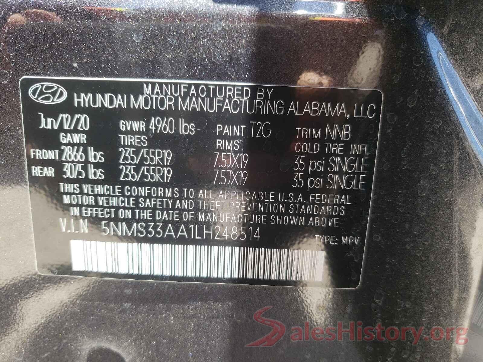 5NMS33AA1LH248514 2020 HYUNDAI SANTA FE