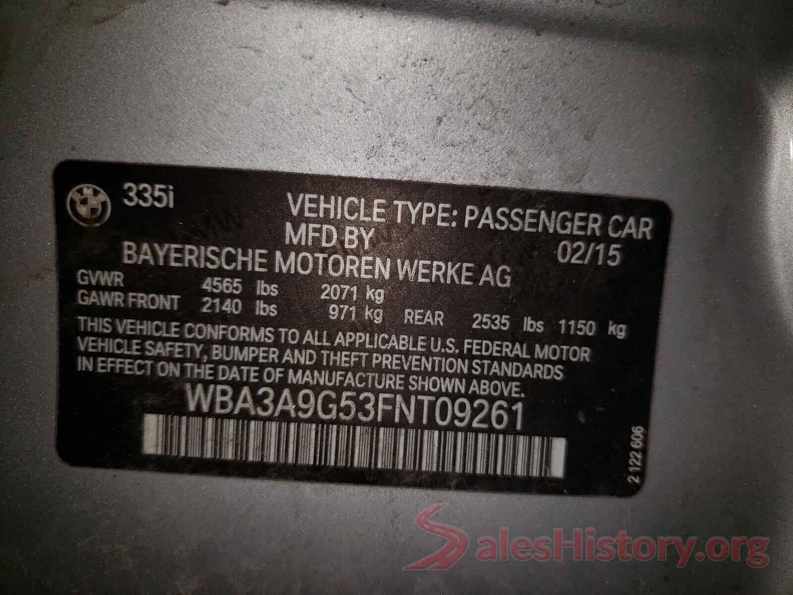 WBA3A9G53FNT09261 2015 BMW 3 SERIES