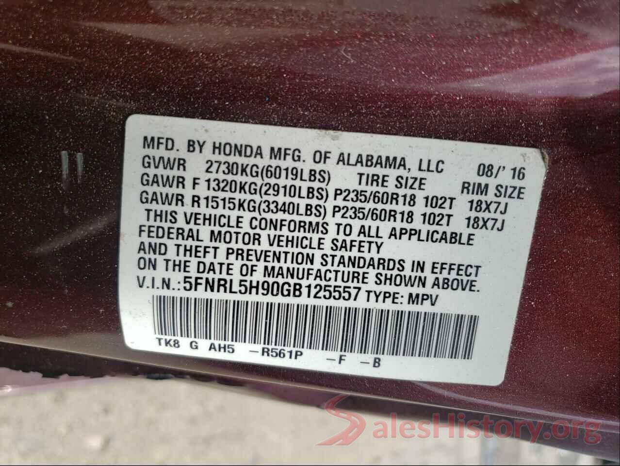 5FNRL5H90GB125557 2016 HONDA ODYSSEY