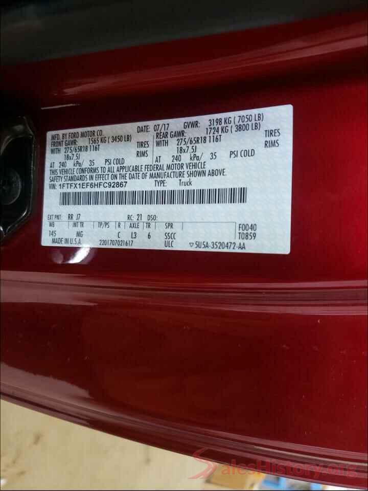 1FTFX1EF6HFC92867 2017 FORD F150