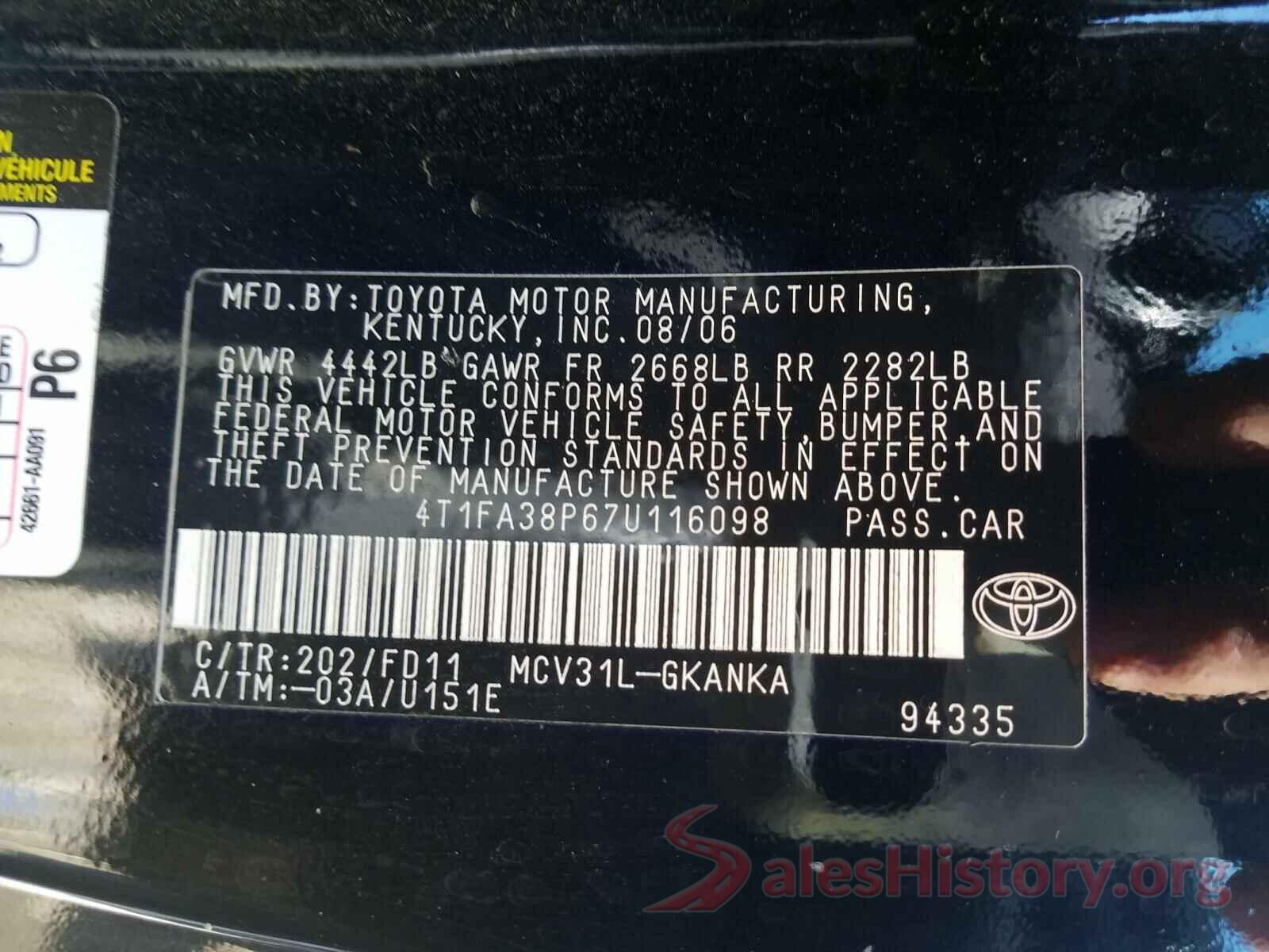 4T1FA38P67U116098 2007 TOYOTA CAMRY