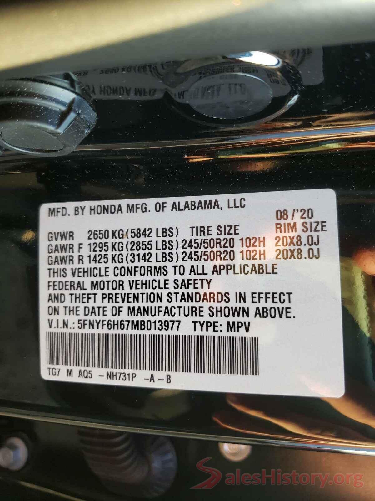 5FNYF6H67MB013977 2021 HONDA PILOT