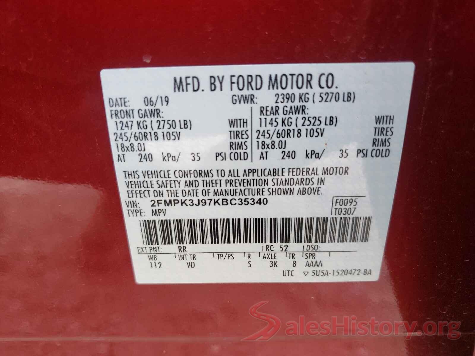 2FMPK3J97KBC35340 2019 FORD EDGE