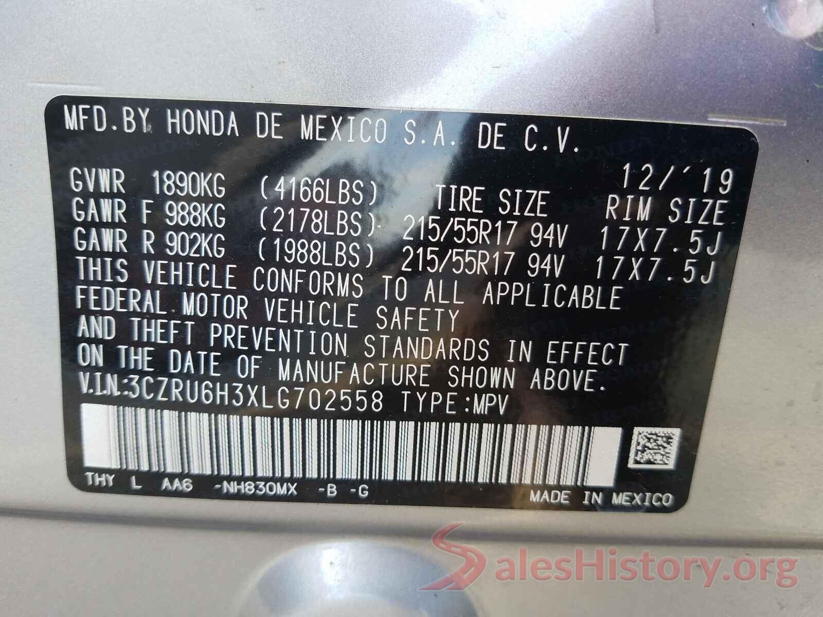 3CZRU6H3XLG702558 2020 HONDA HR-V