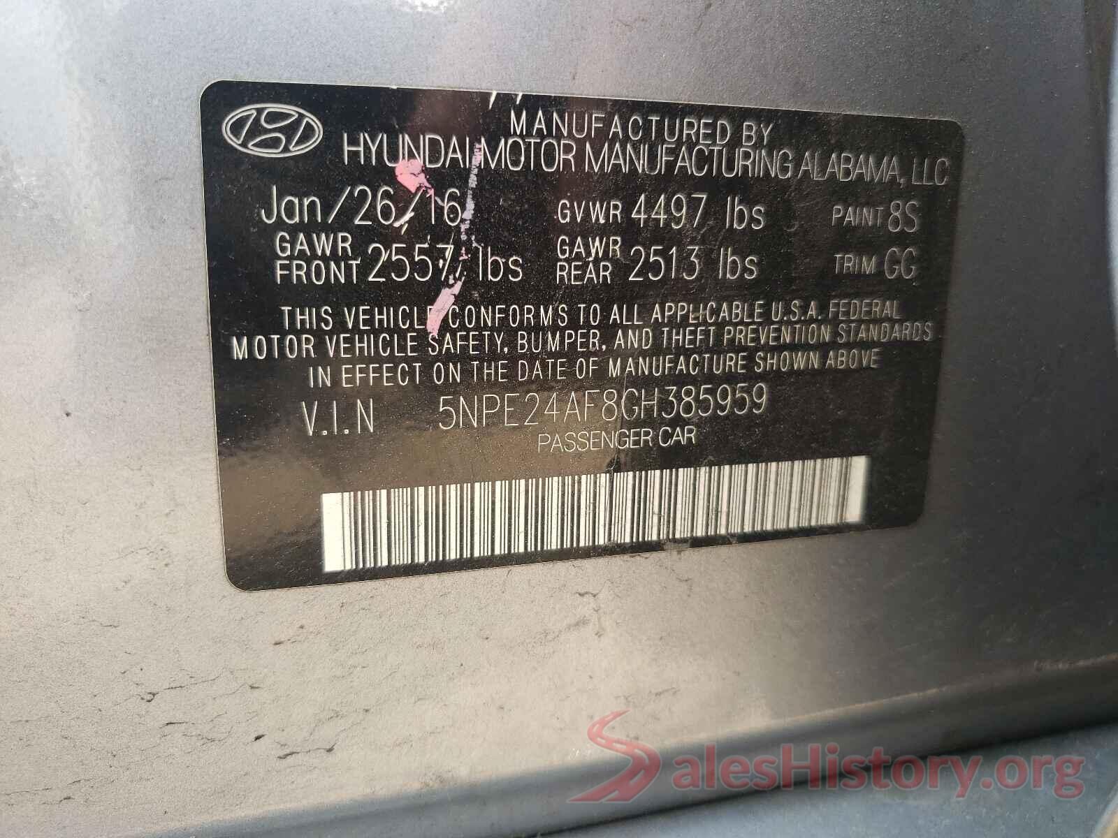 5NPE24AF8GH385959 2016 HYUNDAI SONATA