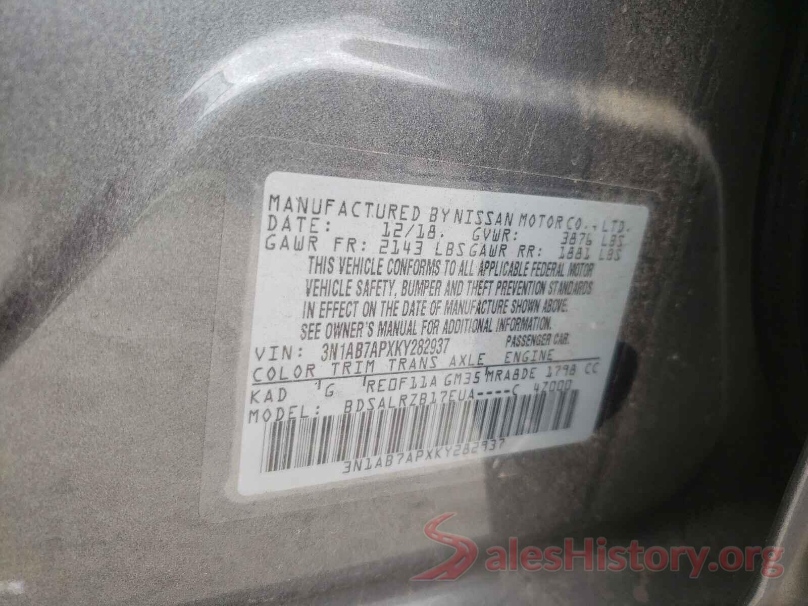 3N1AB7APXKY282937 2019 NISSAN SENTRA