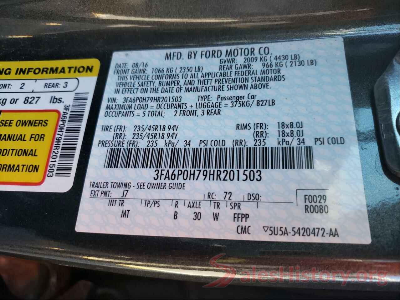 3FA6P0H79HR201503 2017 FORD FUSION