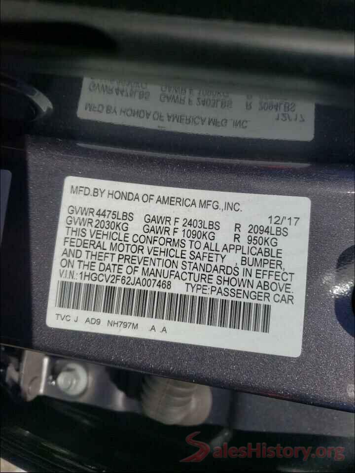 1HGCV2F62JA007468 2018 HONDA ACCORD