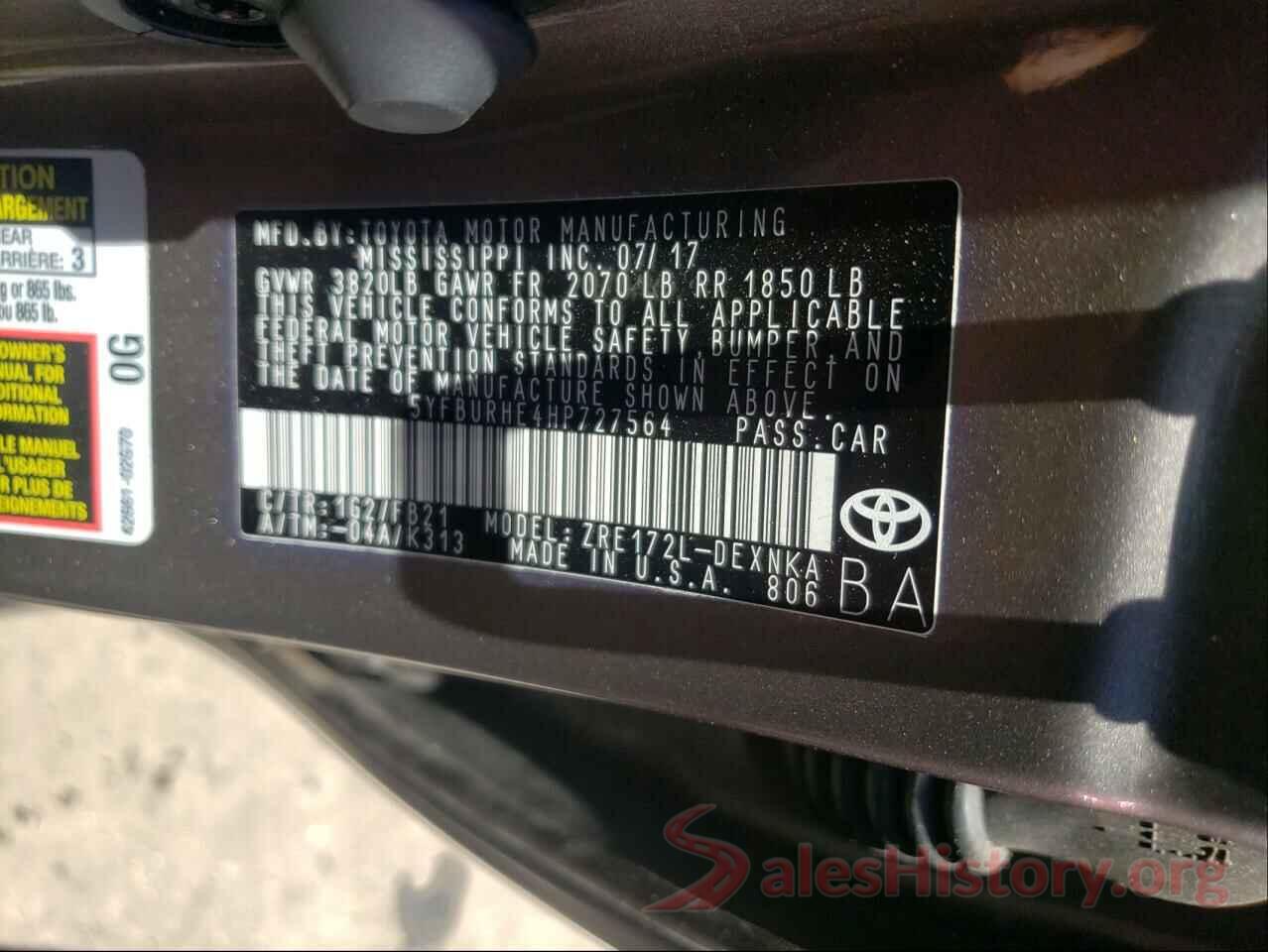 5YFBURHE4HP727564 2017 TOYOTA COROLLA