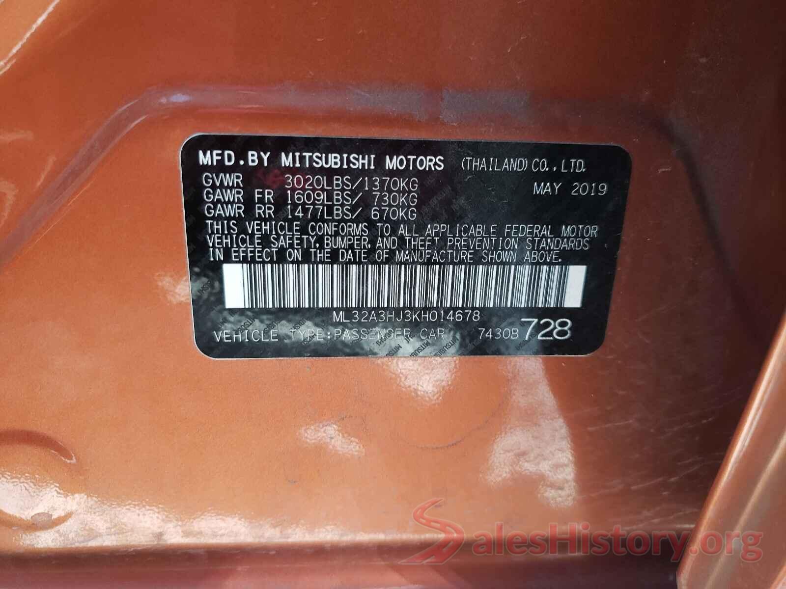 ML32A3HJ3KH014678 2019 MITSUBISHI MIRAGE