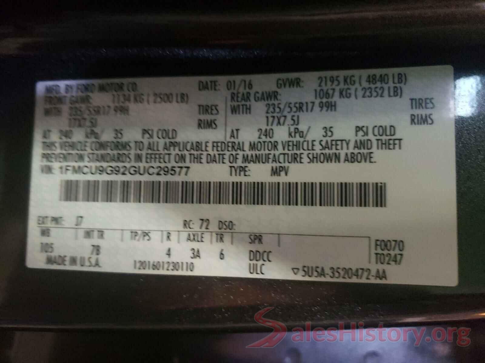 1FMCU9G92GUC29577 2016 FORD ESCAPE