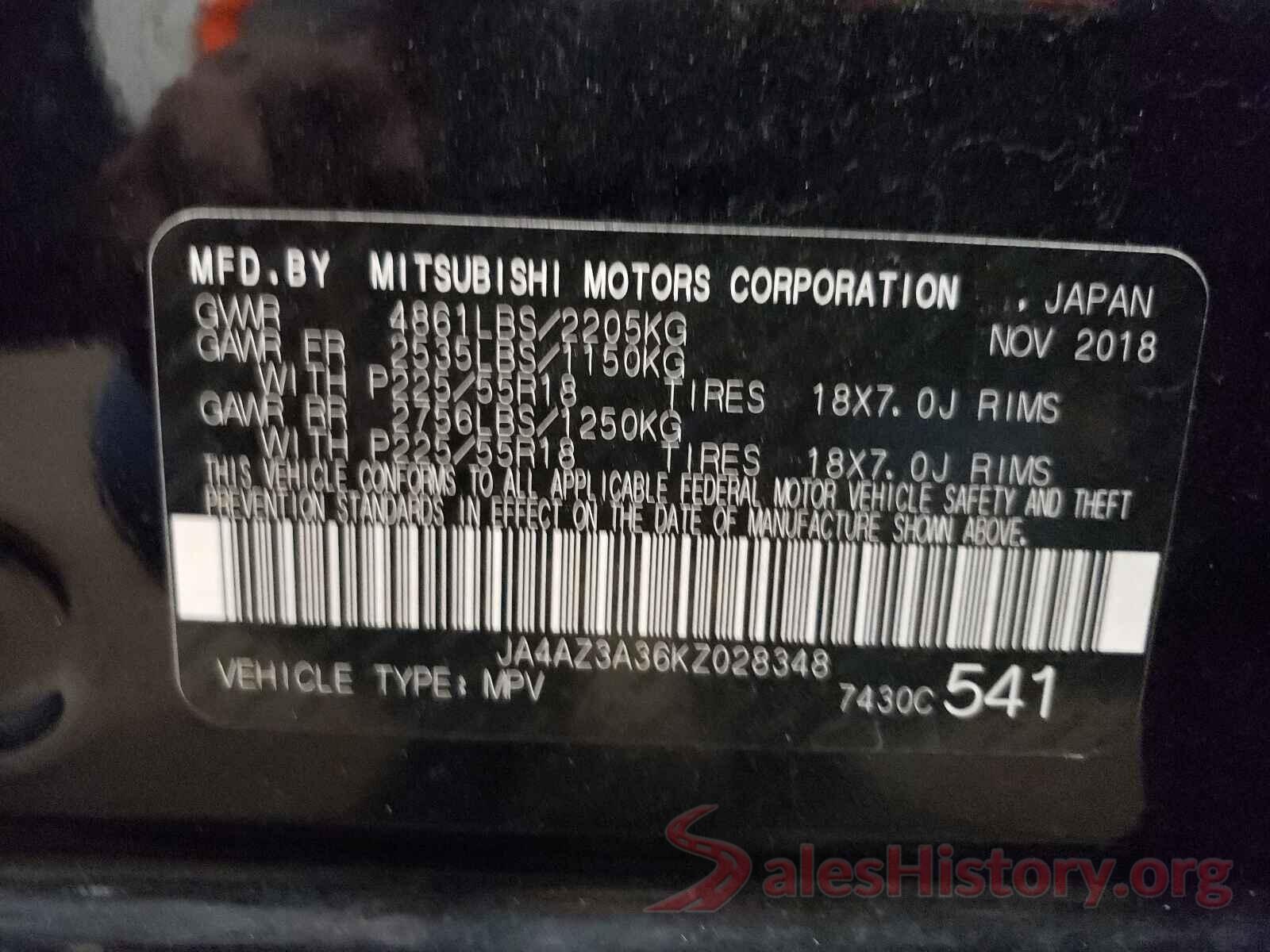 JA4AZ3A36KZ028348 2019 MITSUBISHI OUTLANDER