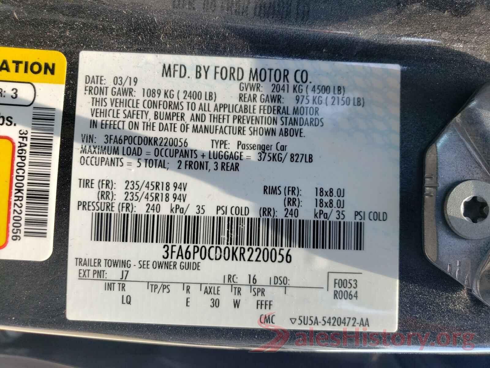 3FA6P0CD0KR220056 2019 FORD FUSION